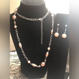 Silver and Pink Beaded Necklace and Earring Set